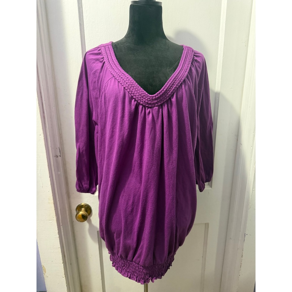 Faded Glory Purple Braided V-Neck Smocked Bubble Hem Top 3X Plus Size Blouse